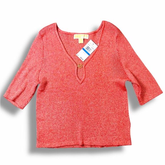 Michael Kors Tops - NWT Michael Kors Salmon Pink Ribbed V-Neck Embellished Top Casual 3/4 Sleeve XL